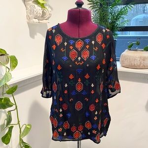 Aztec embroidered sheer top